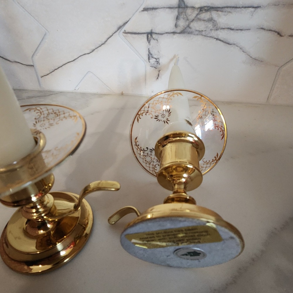 Set 2 Vintage Partylite Candlestick Holders With Gold Decal Glass Drip Catchers - Picture 8 of 9